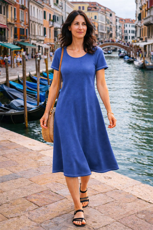 Modelbild mit Jersey-Kleid in italienischer Kleinstadt