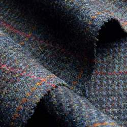 Grunay, Tweed Stoff, blau, Schurwolle, Schwarzer Glencheck v...