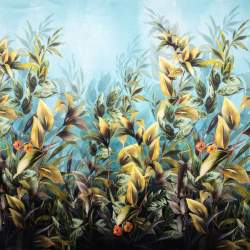 Madeira, Satin Stoff, taubenblau, Seide, Blattwerk in Oliv- ...